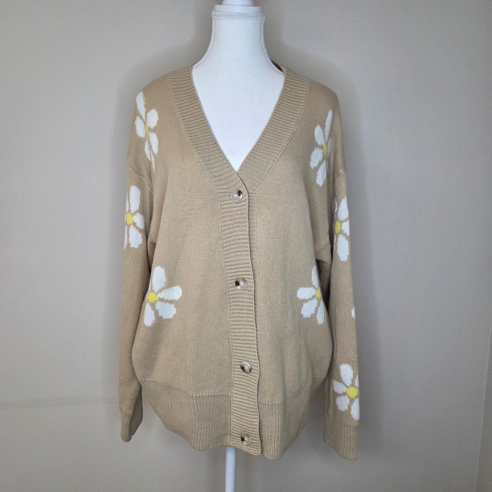 Miss Sparkling Tan Daisy Cardigan Floral Knit Sweater Cottagecore Women's XL‎